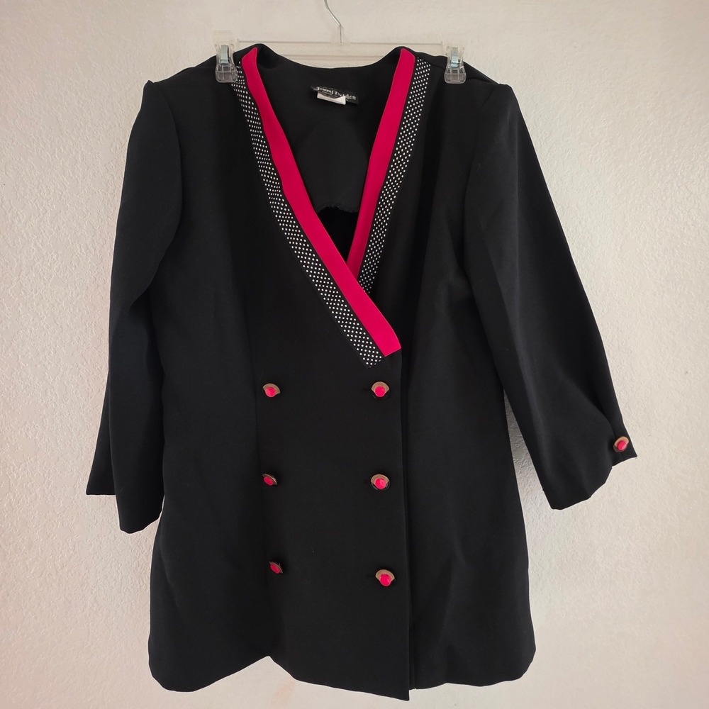 Jenny Petites Black Double Breasted Blazer Trim Polka Dot Accent Women's Size 12